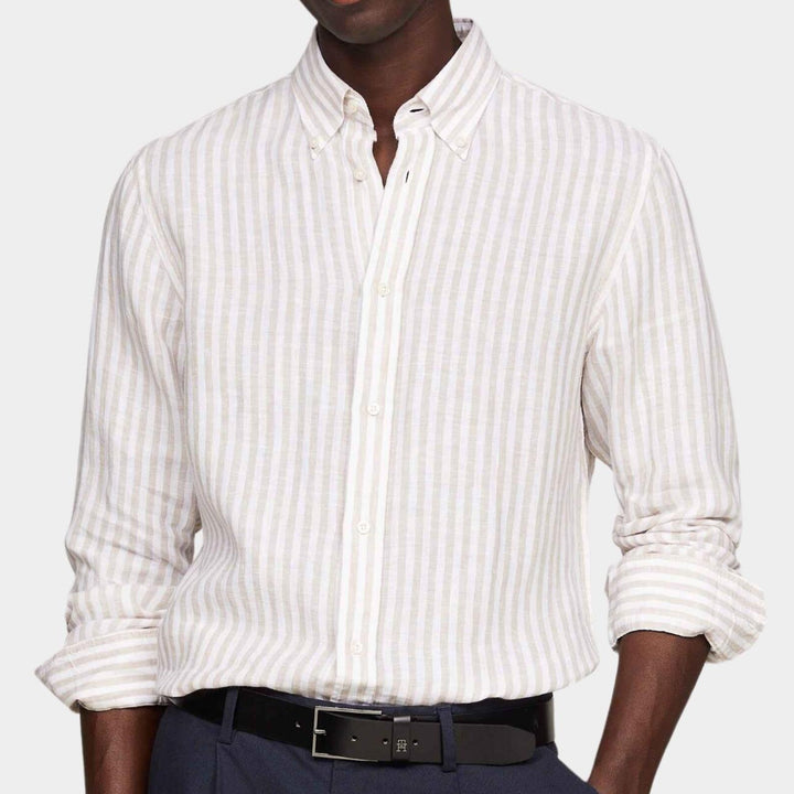 قميص تومي هيلفيغر كاجوال Hemd Lange Mouw بيج DC من الكتان الغامق