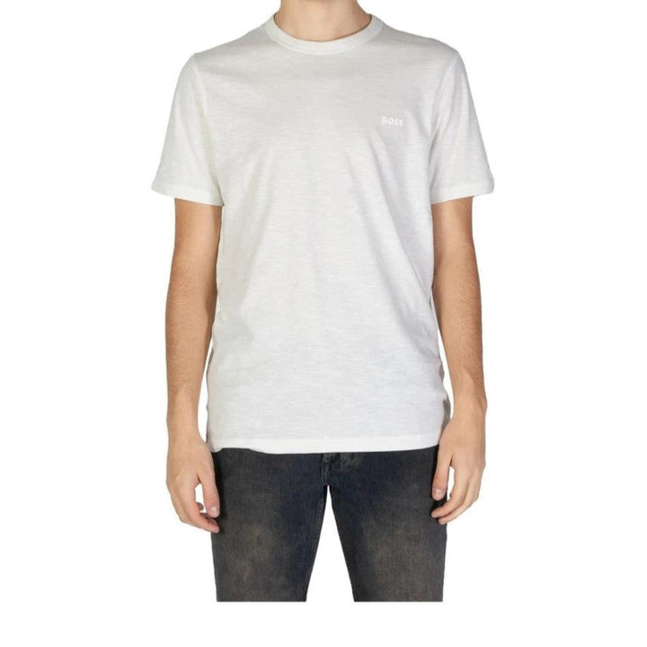 تي شيرت هوغو بوس بأكمام قصيرة ورقبة دائرية باللون الأبيض