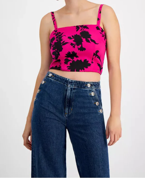 بلوزة Guess النسائية بدون أكمام بتصميم Eve - زهور سوداء فوشيا