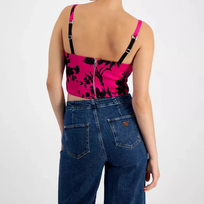 بلوزة Guess النسائية بدون أكمام بتصميم Eve - زهور سوداء فوشيا