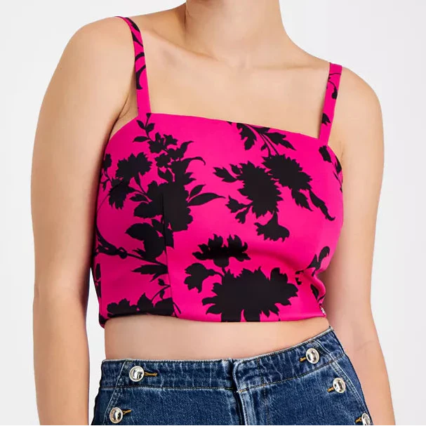 بلوزة Guess النسائية بدون أكمام بتصميم Eve - زهور سوداء فوشيا