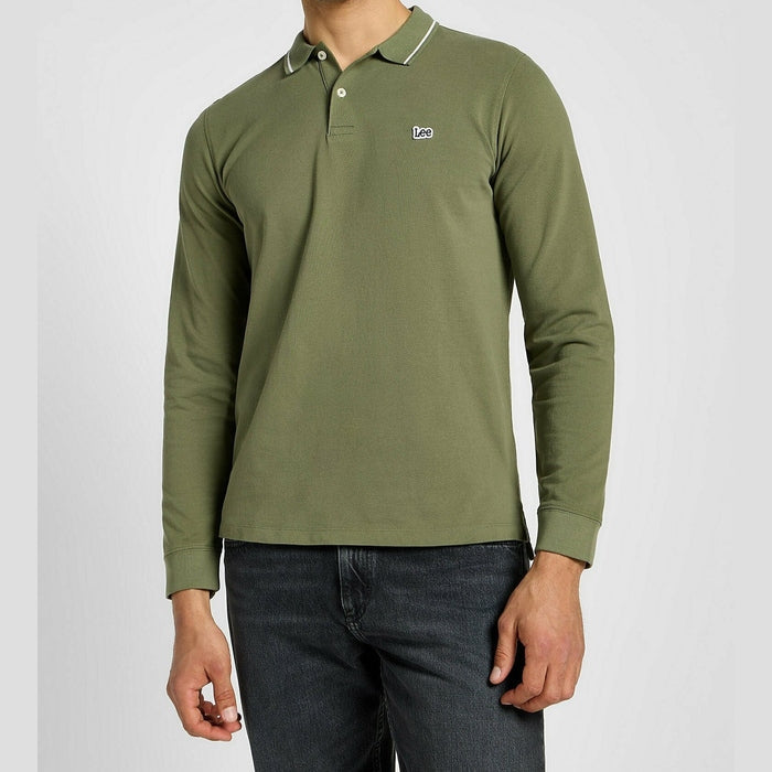 قميص بولو رجالي من Lee بأكمام طويلة من قماش بيكيه باللون الأخضر