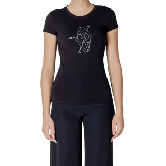 تي شيرت أرماني إكستشينج نسائي أسود مطبوع بأكمام قصيرة