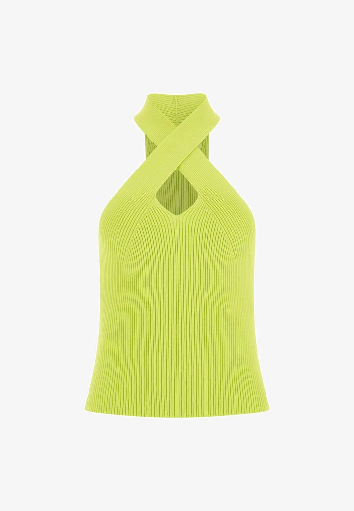 بلوزة نسائية بدون أكمام من Guess Claire برقبة متقاطعة ومضلعة