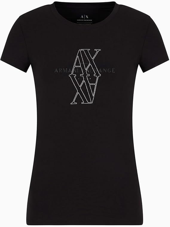 تي شيرت أرماني إكستشينج نسائي أسود مطبوع بأكمام قصيرة
