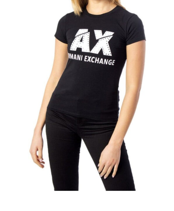 تي شيرت أرماني إكستشينج نسائي مطبوع باللون الأسود