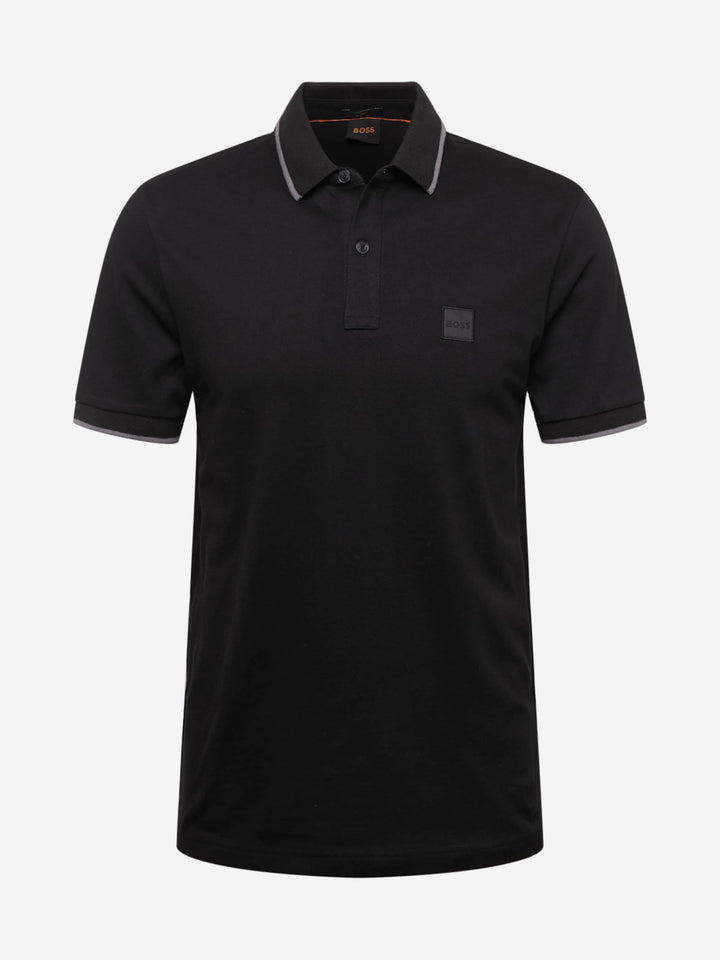 قميص بولو بوس برتقالي بأكمام قصيرة وشريط جانبي أسود
