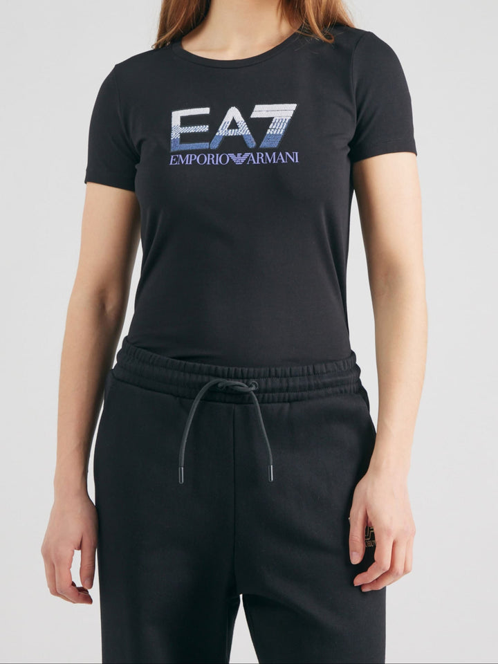 تيشيرت إمبوريو أرماني EA7 نسائي بأكمام قصيرة باللون الأسود