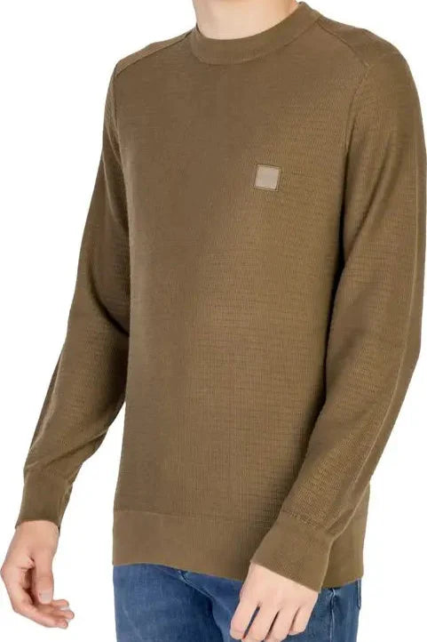 هوغو بوس سترة محبوكة من الكشمير والقطن بياقة دائرية باللون الأخضر