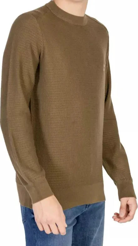 هوغو بوس سترة محبوكة من الكشمير والقطن بياقة دائرية باللون الأخضر