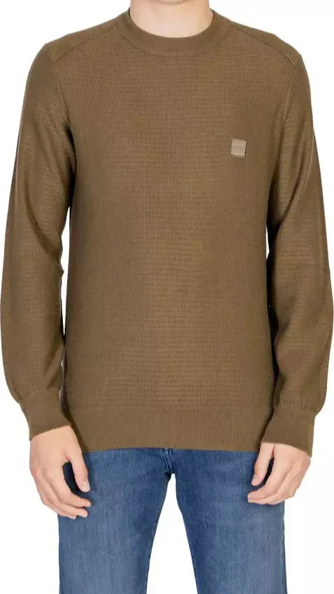 هوغو بوس سترة محبوكة من الكشمير والقطن بياقة دائرية باللون الأخضر